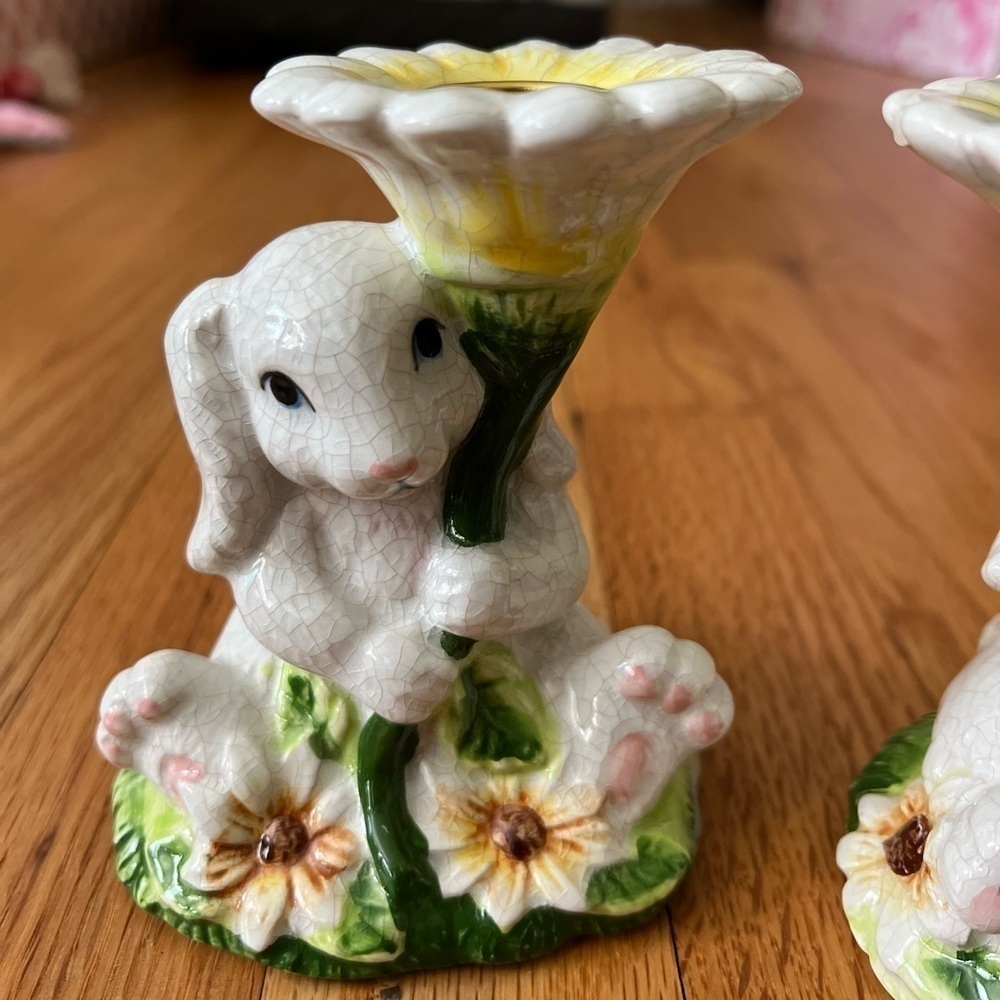 Hand painted Spring White Bunny Ceramic Candle holder Easter Bunny Crackle Paint - Picture 5 of 11